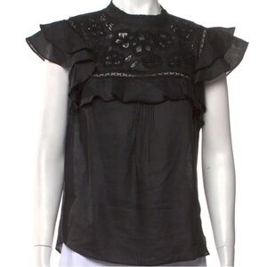 Veronica Beard Sz 2 Black Top with Embroidery on Chest and Ruffle Cap Sleeves.